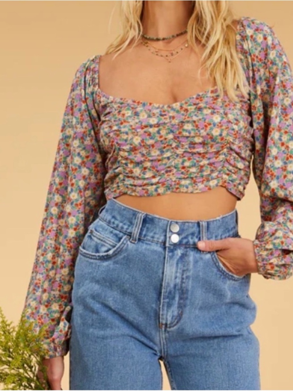 Billabong x The Salty Blonde Floral Ruched Smocked Back Balloon Sleeve Crop S